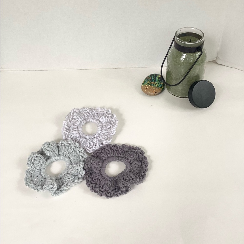 Hair Scrunchies Hand Crafted Gray Silver White Boho Crochet Messy Bun